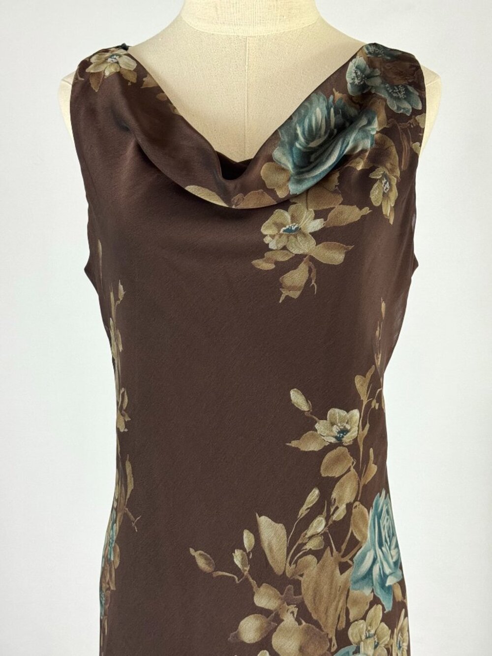 Vtg Y2K Jessica Howard Brown & Blue Floral Chiffon Asymmetrical Dress Cowl Neck - Picture 3 of 9